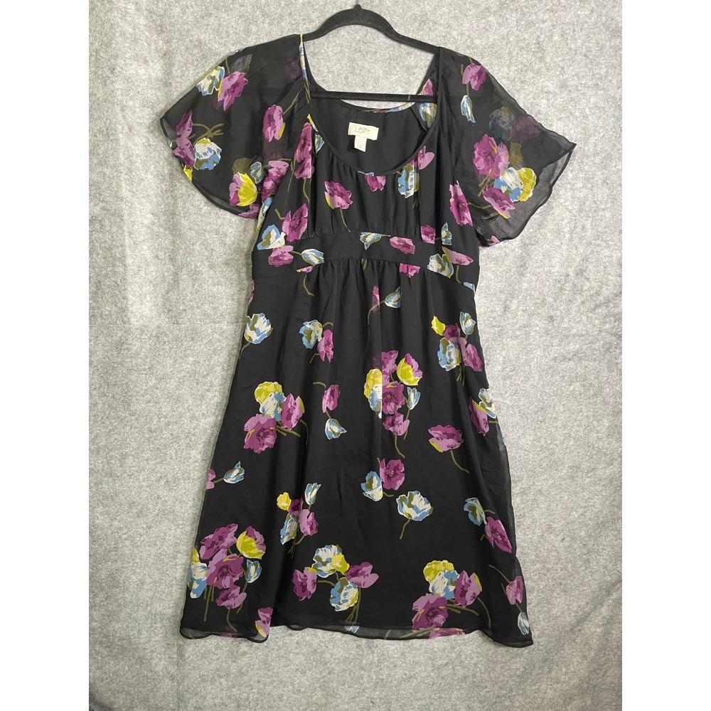 Ann‎ Taylor Loft Black Floral Chiffon Empire Waist Flutter Sleeve Dress Size 8